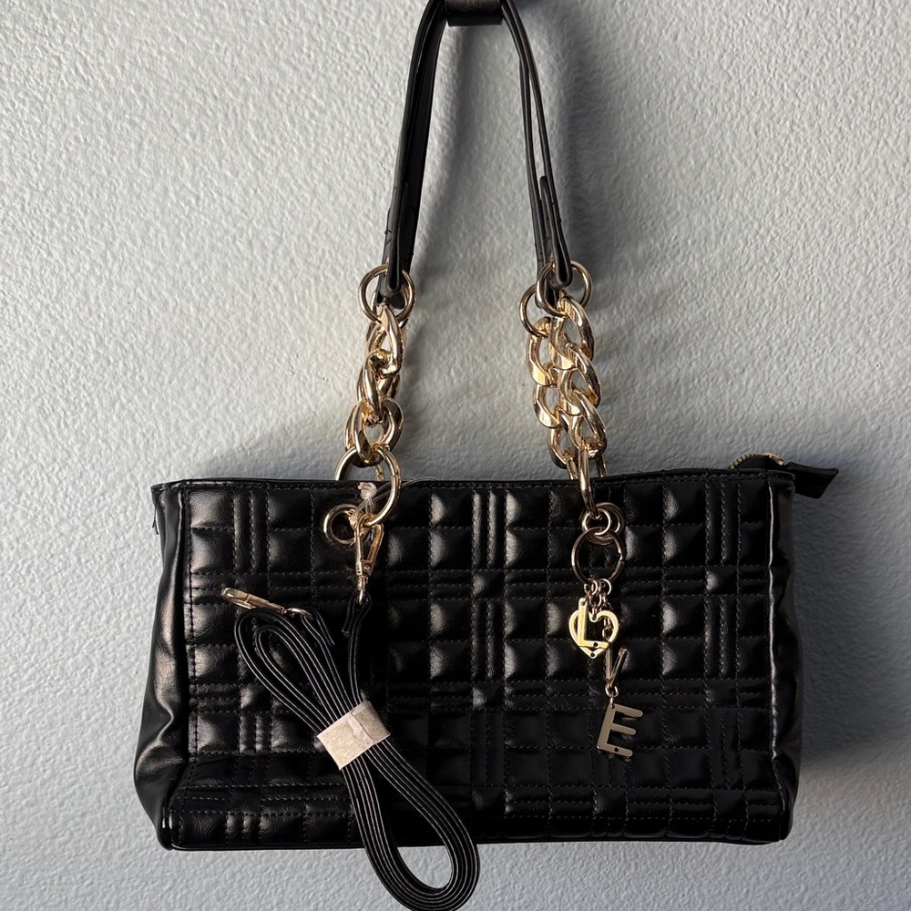 Black Quilted Shoulder Bag with Gold Chain Accents Brand New